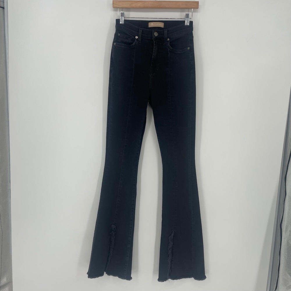 7 For‎ All Mankind Luxe Vintage High Rise Flare Jeans Black Raw Hem Size 25